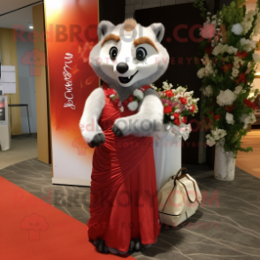 Gray Red Panda mascot costume character dressed with a Wedding Dress and Tote bags