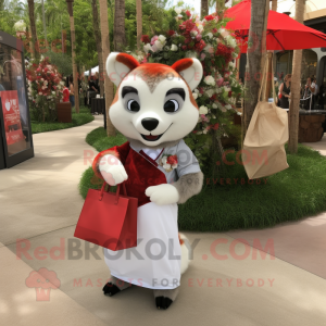 Gray Red Panda mascot costume character dressed with a Wedding Dress and Tote bags