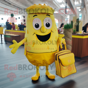 Lemon Yellow Lasagna mascot costume character dressed with a Playsuit and Handbags
