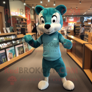 Teal Marten mascot costume character dressed with a Running Shorts and Mittens