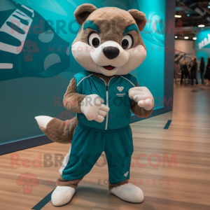 Teal Marten mascot costume character dressed with a Running Shorts and Mittens