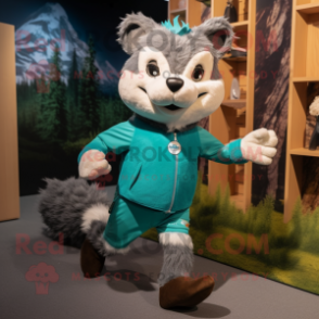 Teal Marten mascot costume character dressed with a Running Shorts and Mittens