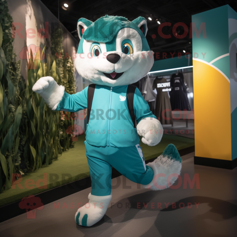 Teal Marten mascot costume character dressed with a Running Shorts and Mittens Teal Marten mascot costume character dressed with a Running Shorts and Mittens