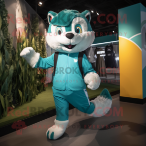 Teal Marten mascot costume character dressed with a Running Shorts and Mittens