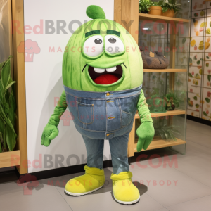 Lime Green Melon mascot costume character dressed with a Denim Shorts and Shoe laces