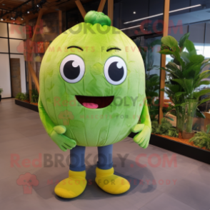 Lime Green Melon mascot costume character dressed with a Denim Shorts and Shoe laces