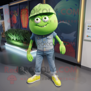 Lime Green Melon mascot costume character dressed with a Denim Shorts and Shoe laces