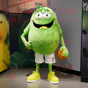 Lime Green Melon mascot costume character dressed with a Denim Shorts and Shoe laces