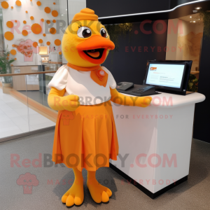 Orange Dove mascot costume character dressed with a Pencil Skirt and Rings