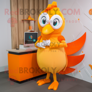 Orange Dove mascot costume character dressed with a Pencil Skirt and Rings