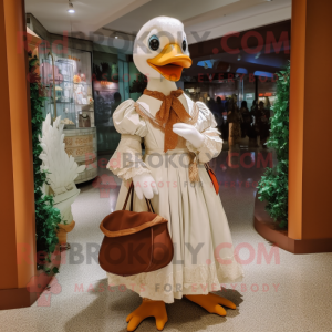 Brown Muscovy Duck mascot costume character dressed with a Wedding Dress and Tote bags