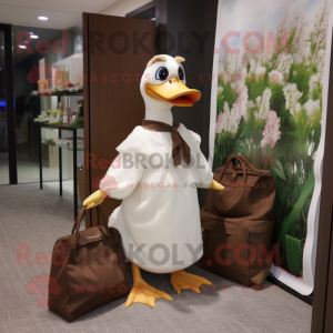 Brown Muscovy Duck mascot costume character dressed with a Wedding Dress and Tote bags