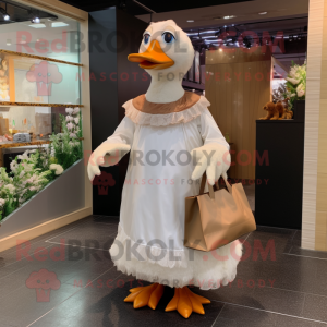 Brown Muscovy Duck mascot costume character dressed with a Wedding Dress and Tote bags