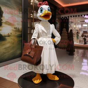Brown Muscovy Duck mascot costume character dressed with a Wedding Dress and Tote bags