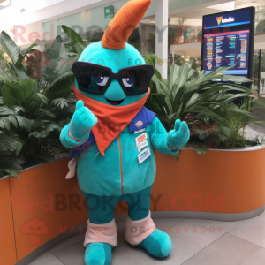 Teal Carrot mascot costume character dressed with a Moto Jacket and Reading glasses
