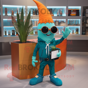 Teal Carrot mascot costume character dressed with a Moto Jacket and Reading glasses