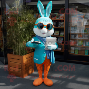 Teal Carrot mascot costume character dressed with a Moto Jacket and Reading glasses