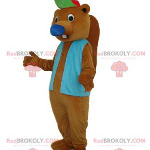 Brown beaver mascot with a blue jacket and a cap -