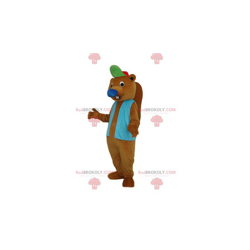 Maskot hnědý bobr s modrou bundu a čepici - Redbrokoly.com
