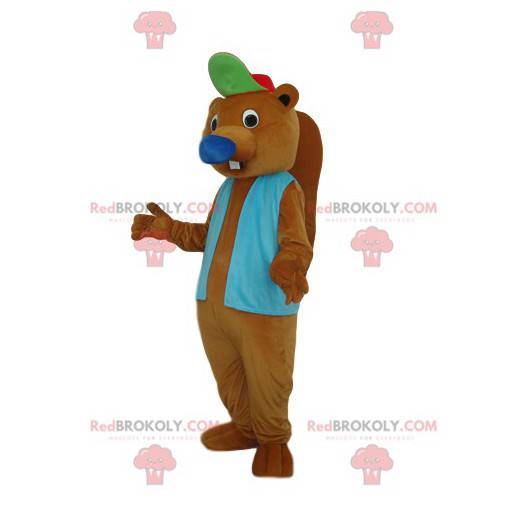 Bruine bever mascotte met een blauwe jas en een pet -