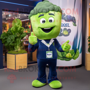 Navy Broccoli mascot costume character dressed with a Bootcut Jeans and Pocket squares