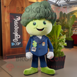Navy Broccoli mascot costume character dressed with a Bootcut Jeans and Pocket squares