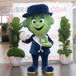 Navy Broccoli mascot costume character dressed with a Bootcut Jeans and Pocket squares