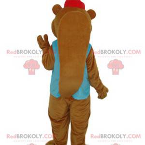 Brown beaver mascot with a blue jacket and a cap -