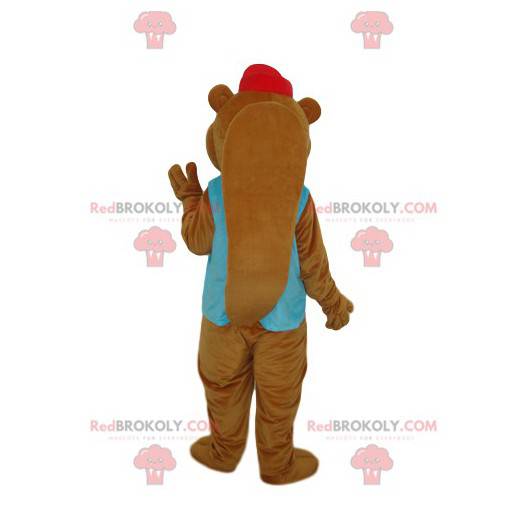 Brun bevermaskot med blå jakke og hette - Redbrokoly.com
