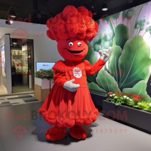 Red Cauliflower mascot costume character dressed with a Empire Waist Dress and Headbands