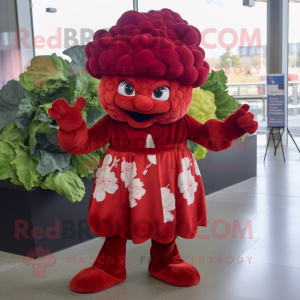 Red Cauliflower mascot costume character dressed with a Empire Waist Dress and Headbands