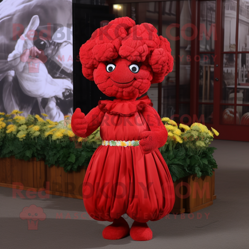 Red Cauliflower mascot costume character dressed with a Empire Waist Dress and Headbands