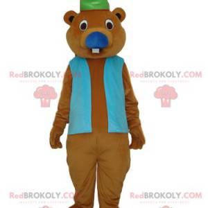 Brown beaver mascot with a blue jacket and a cap -