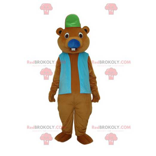 Braunes Bibermaskottchen mit blauer Jacke und Mütze -