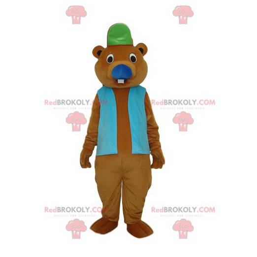 Mascota castor marrón con una chaqueta azul y una gorra -