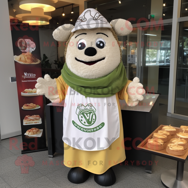 Olive Beef Wellington mascot costume character dressed with a V-Neck Tee and Shawls Olive Beef Wellington mascot costume character dressed with a V-Neck Tee and Shawls