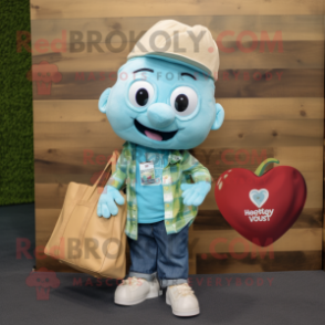 Turquoise Heart mascot costume character dressed with a Chambray Shirt and Tote bags