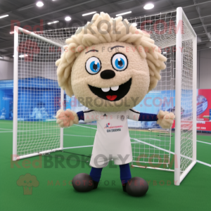 Beige Soccer Goal mascot costume character dressed with a Romper and Hairpins