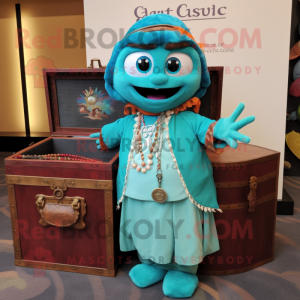 Turquoise Treasure Chest mascot costume character dressed with a Culottes and Anklets