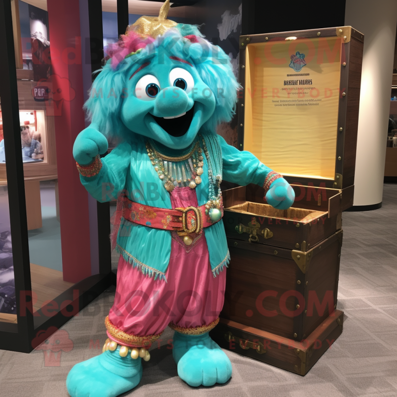 Turquoise Treasure Chest mascot costume character dressed with a Culottes and Anklets Turquoise Treasure Chest mascot costume character dressed with a Culottes and Anklets