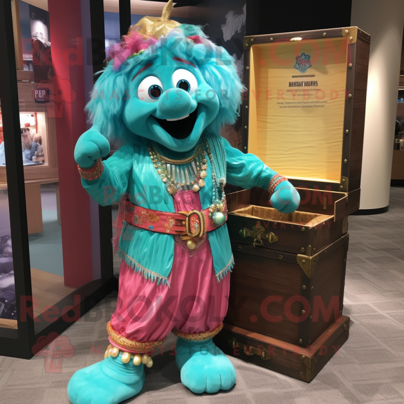 Turquoise Treasure Chest mascot costume character dressed with a Culottes and Anklets