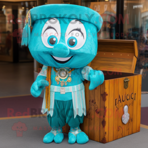 Turquoise Treasure Chest mascot costume character dressed with a Culottes and Anklets