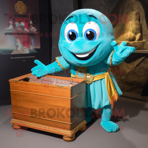 Turquoise Treasure Chest mascot costume character dressed with a Culottes and Anklets
