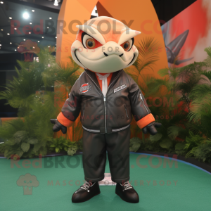 Peach Shark mascot costume character dressed with a Leather Jacket and Shoe clips