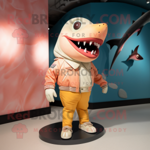 Peach Shark mascot costume character dressed with a Leather Jacket and Shoe clips