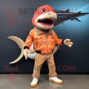 Peach Shark mascot costume character dressed with a Leather Jacket and Shoe clips