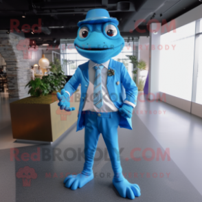 Sky Blue Frog mascot costume character dressed with a Blazer and Belts