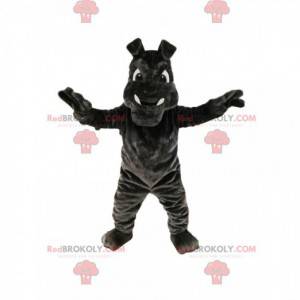 Mascote cachorro-touro cinza-escuro com grandes presas -