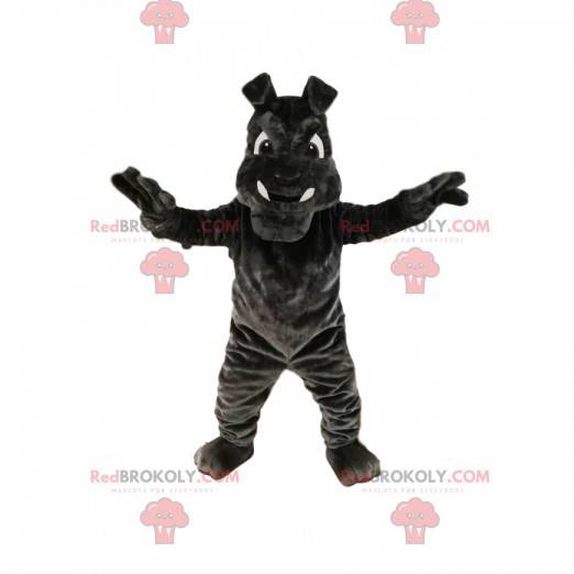 Donkergrijze mascotte stier-hond met grote hoektanden -