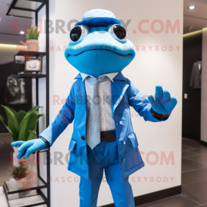 Sky Blue Frog mascot costume character dressed with a Blazer and Belts